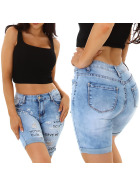 Jela London Damen Jeans-Shorts Stretch Spruch Motiv Destroyed Bleached