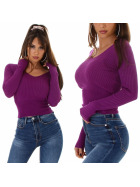 Damen Pullover V-Ausschnitt bauchfrei Stretch Feinripp