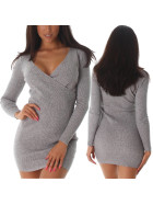 Voyelles Damen Strickkleid Wickeloptik Feinripp V-Ausschnitt Langarm Bodycon