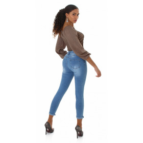 Jela London Damen High-Waist Capri-Jeans Skinny Stretch Destroyed Washed