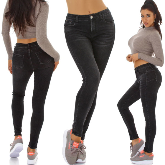Jela London Damen High-Waist Stretch-Jeans Skinny Slim Schwarz