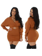 Jela London Damen Strickkleid Wickeloptik V-Ausschnitt Stretch Fledermausärmel, Camel