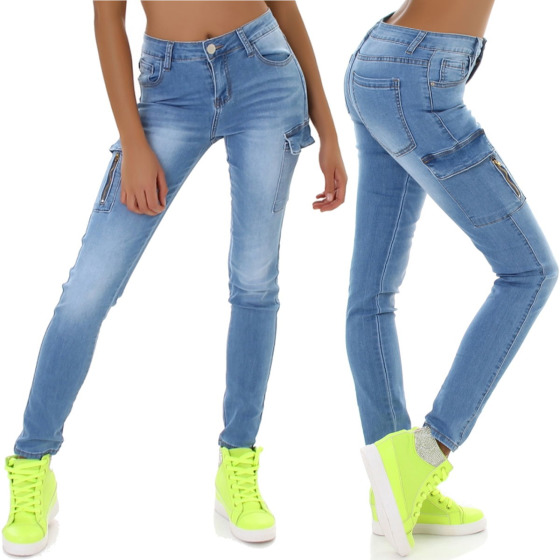 Jela London Damen Cargo-Jeans Stretch Skinny Slim Taschen