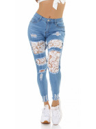 Jela London Damen Stretch-Jeans Push-Up Destroyed Spitze Bleached Skinny Slim