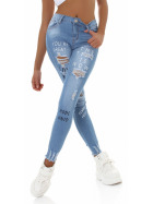 Jela London Damen High Waist Jeans Print Stretch Destroyed Hellblau