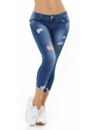 Jela London Damen Capri Stretch Jeans 7/8 Low Rise Löcher Risse Dunkelblau