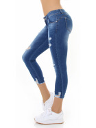 Jela London Damen Capri Stretch Jeans 7/8 Low Rise Löcher Risse Dunkelblau