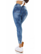 Jela London Damen High Waist Jeans Stretch Denim Batik Fray Blau