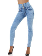Jela London Damen High-Waist Lange Stretch Jeans Knopfleiste Bodycon