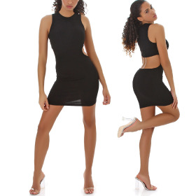 Jela London Damen Mini Kleid Cut-Out Feinripp Stretch Bodycon