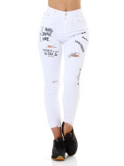 Damen High Waist Jeans 7/8 Stretch Sommer Destroyed Print Weiß
