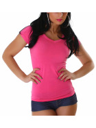 Jela London Damen Longshirt T-Shirt V-Ausschnitt Kurzarm Pink 30 XS