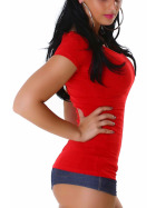 Jela London Damen Longshirt T-Shirt V-Ausschnitt Kurzarm Rot 30