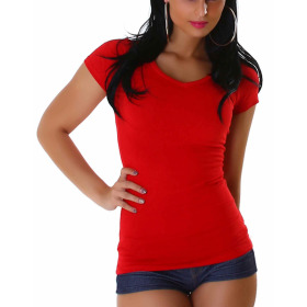 Jela London Damen Longshirt T-Shirt V-Ausschnitt Kurzarm Rot 32