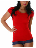 Jela London Damen Longshirt T-Shirt V-Ausschnitt Kurzarm Rot 32