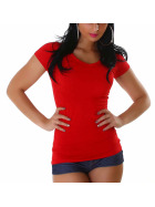 Jela London Damen Longshirt T-Shirt V-Ausschnitt Kurzarm Rot 36