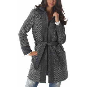 Damen Stoff-Parka kurzer Mantel mit Gürtel & XL-Kapuze, Grau 34 36