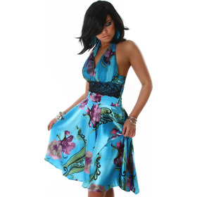 Jela London Cocktail Kleid Neckholder Satin-Glanz Blumen Dekor Blau SM