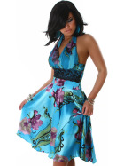 Jela London Cocktail Kleid Neckholder Satin-Glanz Blumen Dekor Blau ML