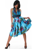 Jela London Cocktail Kleid Neckholder Satin-Glanz Blumen Dekor Blau ML