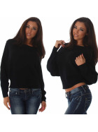 Weicher Feinstrick Flügelärmel-Pullover Sweater kurz, Schwarz