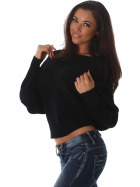 Weicher Feinstrick Flügelärmel-Pullover Sweater kurz, Schwarz