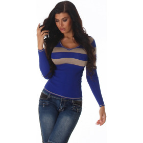 Damen Streifen Pullover Longsleeve dünn V-ausschnitt, Blau kurz