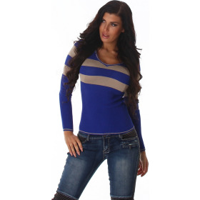 Damen Streifen Pullover Longsleeve dünn V-ausschnitt, Blau kurz