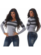 Damen Streifen Pullover Longsleeve dünn V-ausschnitt, Grau kurz