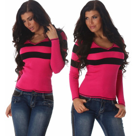 Damen Streifen Pullover Longsleeve dünn V-ausschnitt, Pink kurz