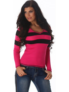 Damen Streifen Pullover Longsleeve dünn V-ausschnitt, Pink kurz
