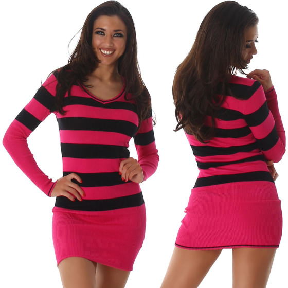 Damen Streifen Pullover Longsleeve dünn V-ausschnitt, Pink lang