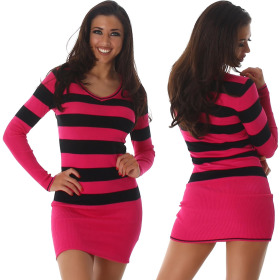 Damen Streifen Pullover Longsleeve dünn V-ausschnitt, Pink lang