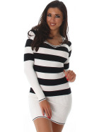 Damen Streifen Pullover Longsleeve dünn V-ausschnitt, Weiß lang