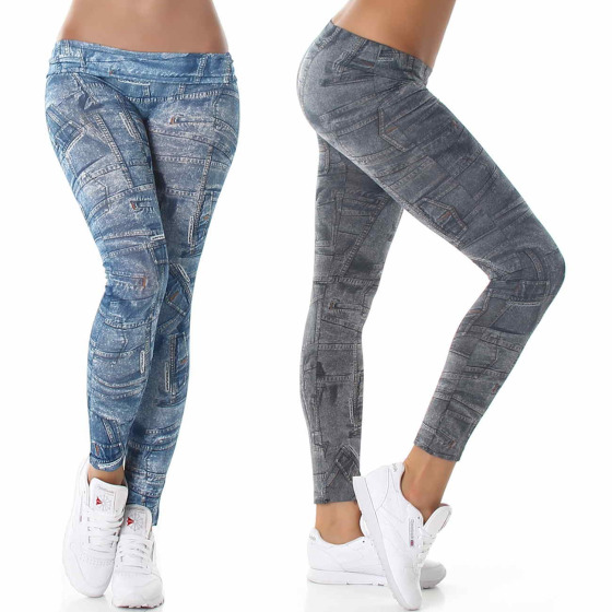 SL1 Damen Stoff Leggings Jeans-Look Print Jeggings weich Motiv (34-38)