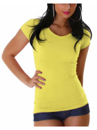 Jela London Damen Longshirt T-Shirt V-Ausschnitt Kurzarm Gelb 36-38 (XXL)