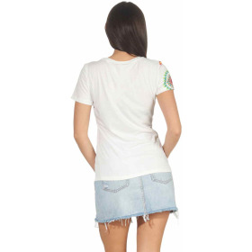 Damen T-Shirt Einfarbig Geblümt Stretch Glitzer Steinchen, Weiß S/M