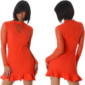 StyleLightOne Minikleid Netz Stretch Volant Clubwear, Apricot-Orange 36 38 (M)