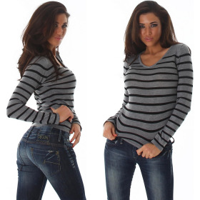 Jela London Damen Streifenshirt Pullover V-Ausschnitt Slim Stretch, Grau 34-38