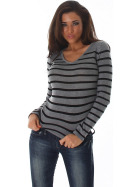 Jela London Damen Streifenshirt Pullover V-Ausschnitt Slim Stretch, Grau 34-38