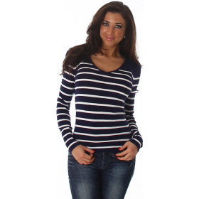 Jela London Damen Streifenshirt Pullover V-Ausschnitt Slim Stretch, Navy-Blau 34-38