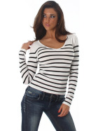 Jela London Damen Streifenshirt Pullover V-Ausschnitt Slim Stretch, Weiß 34-38