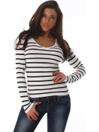 Jela London Damen Streifenshirt Pullover V-Ausschnitt Slim Stretch, Weiß 34-38