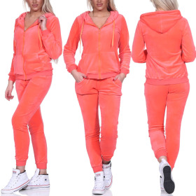 Jela London Damen Velours Jogginganzug Nicki Hausanzug, Neon Apricot 36 38 (M)