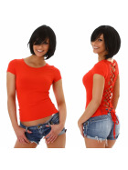 Damen Kurzarm T-Shirt Top Spitze offener Rücken Schnürung, Rot 34