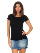 Damen langes T-Shirt Longshirt Rundhals Stretch Baumwolle, Schwarz, 34-36