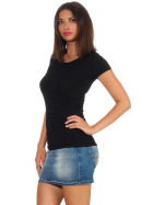 Damen langes T-Shirt Longshirt Rundhals Stretch Baumwolle, Schwarz, 34-36