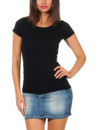 Damen langes T-Shirt Longshirt Rundhals Stretch Baumwolle, Schwarz, 36-38