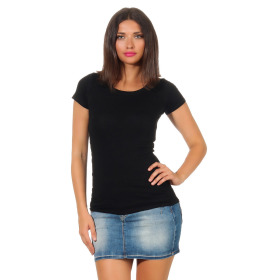 Damen langes T-Shirt Longshirt Rundhals Stretch Baumwolle, Schwarz, 38-40