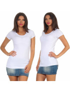 Damen langes T-Shirt Longshirt Rundhals Stretch Baumwolle, Weiß, 34-36